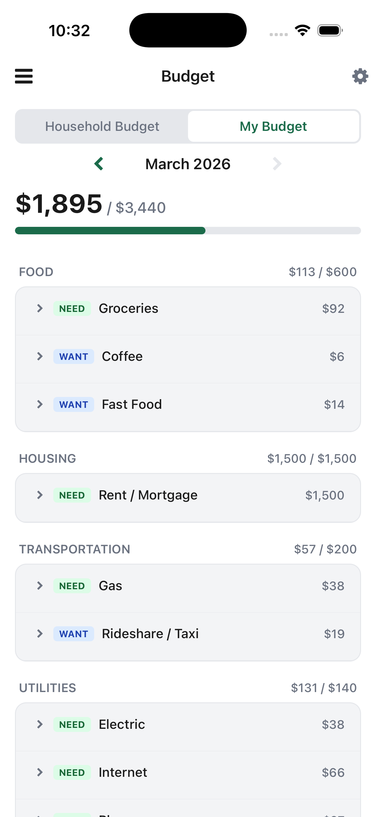 Zowda budget screen with categories for food, housing, transportation, and utilities