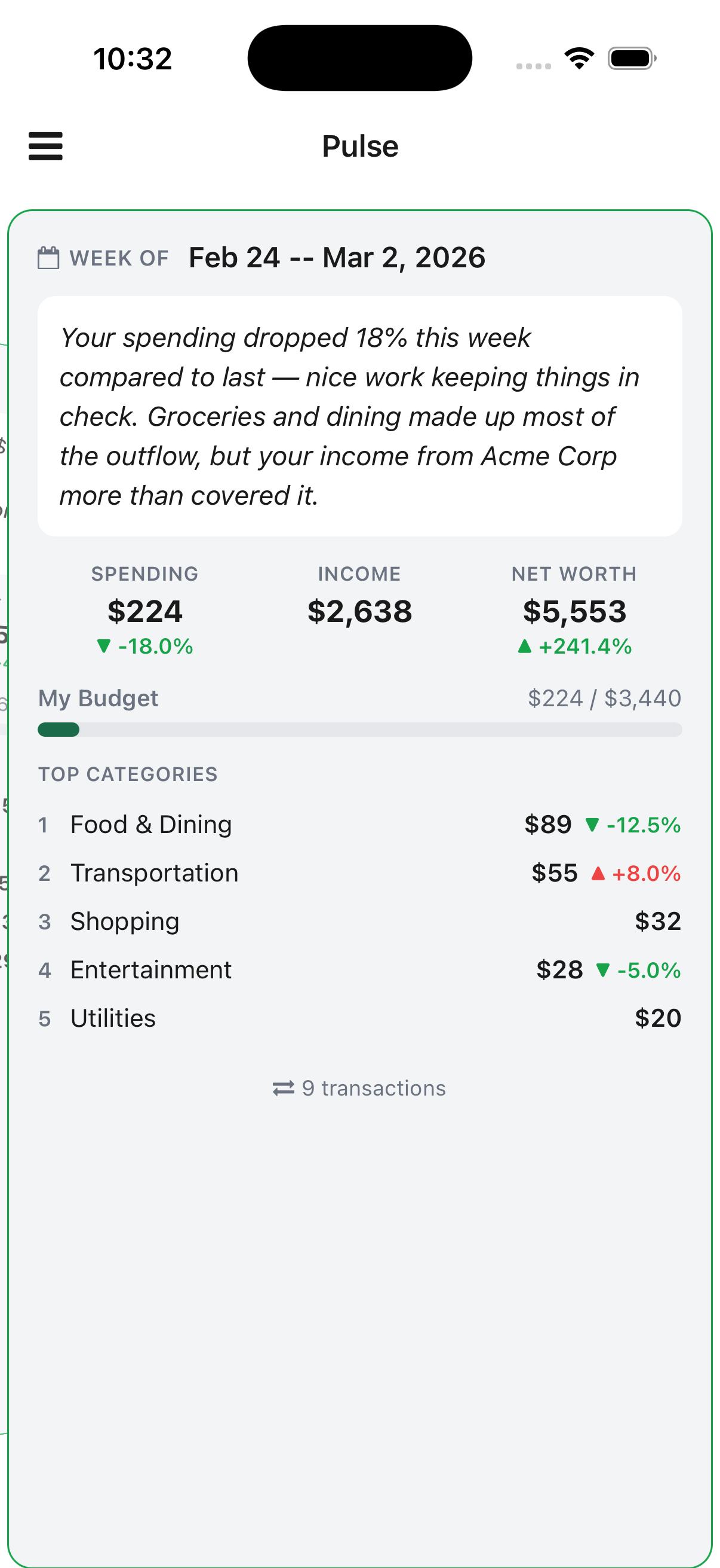 Zowda Pulse screen showing a weekly AI-written spending recap with top categories